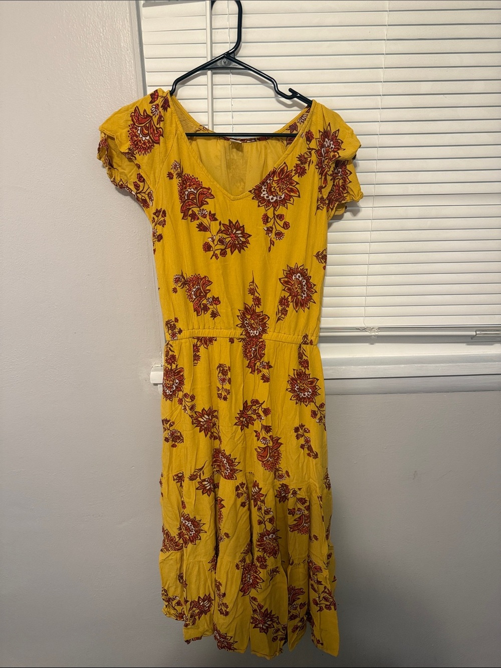 Old Navy Yellow Floral Midi Dress with Rust Print